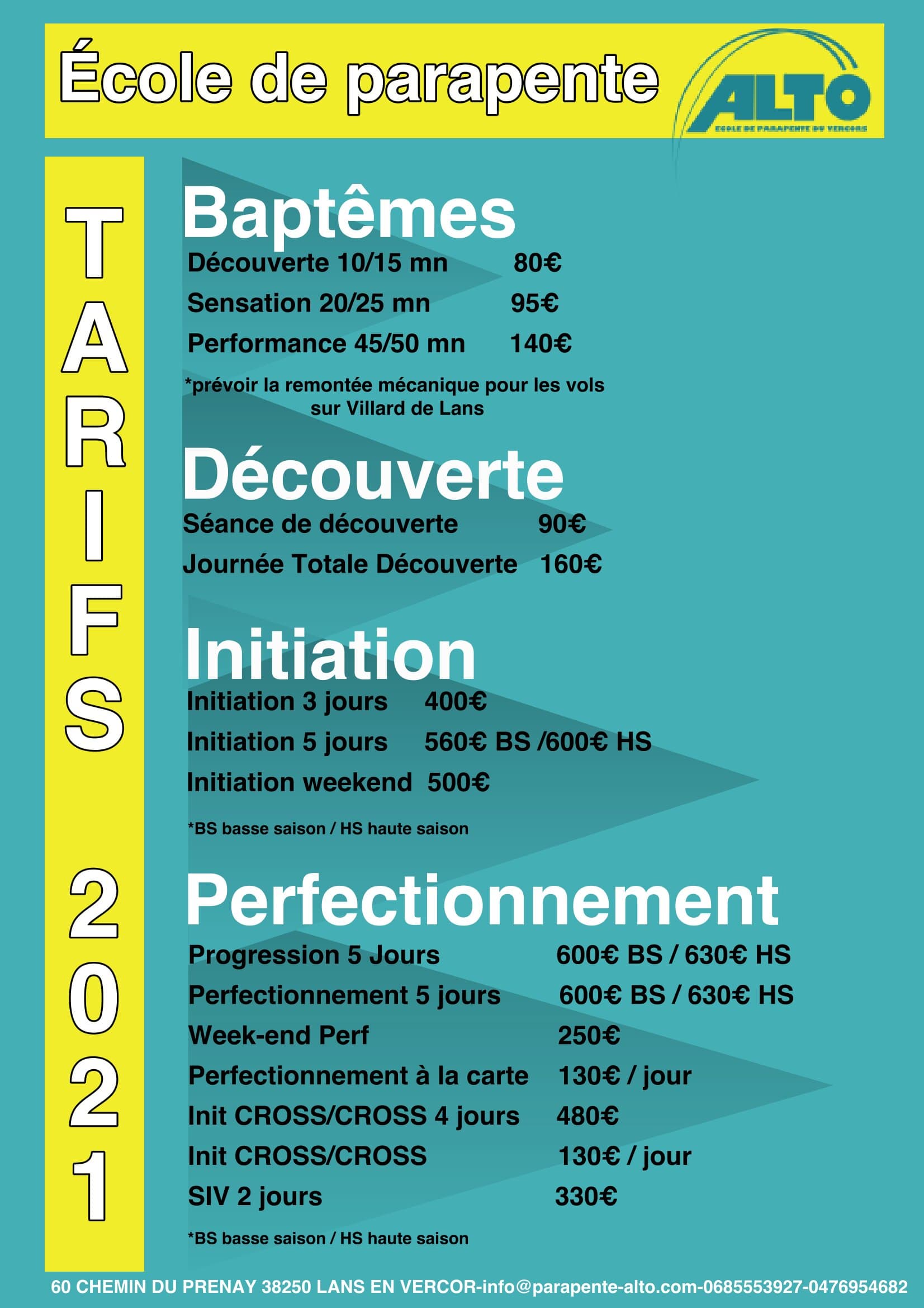 Tarifs 2021