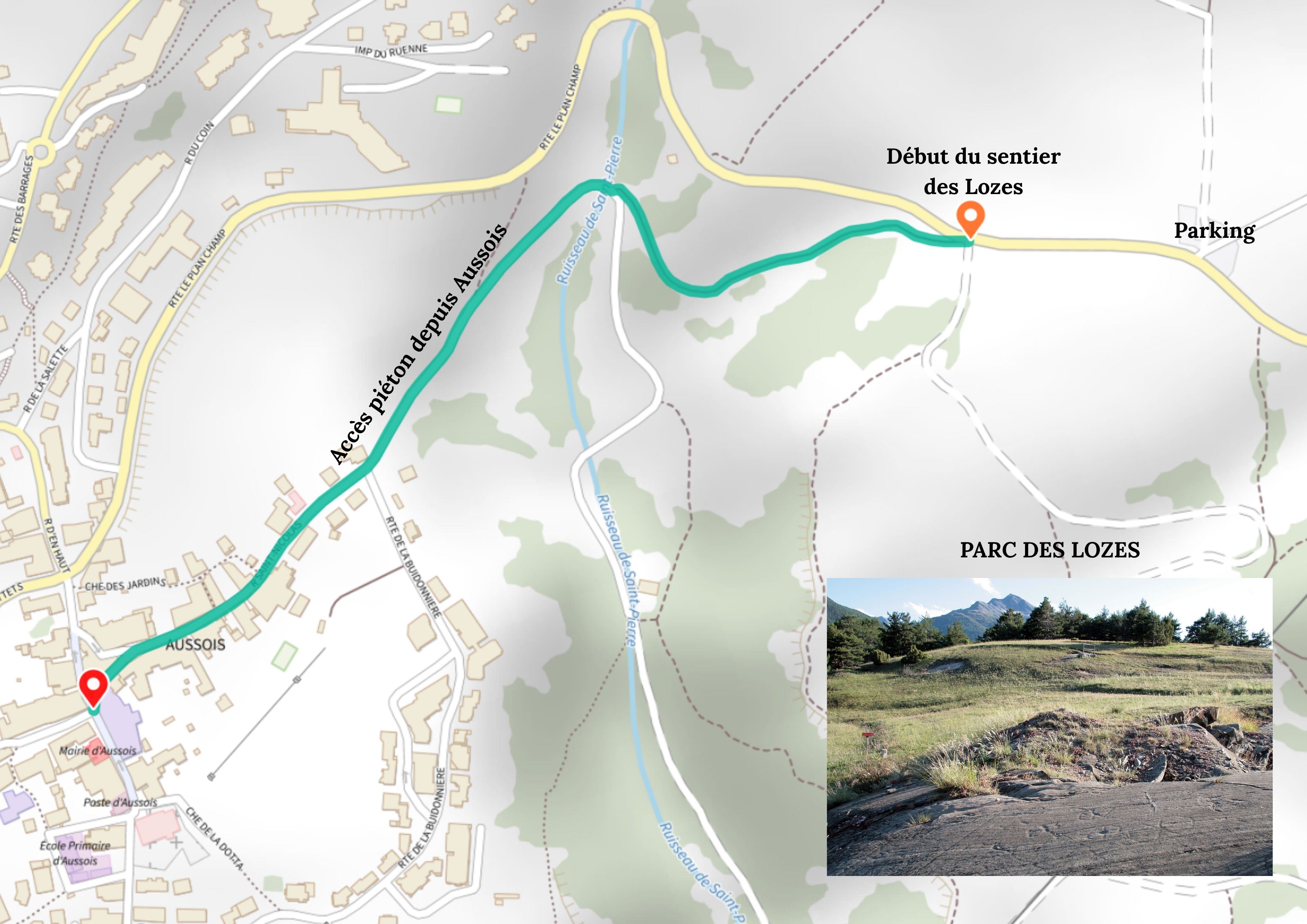 Plan d'accès au sentier des Lozes à ped depuis le village d'Aussois